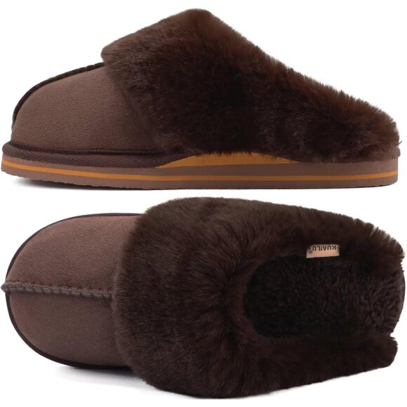 ⚡Women Dark Brown Suede Fluff Dual Memory Foam Arch Support Warm Scuff Slipper - Picture 1 of 6